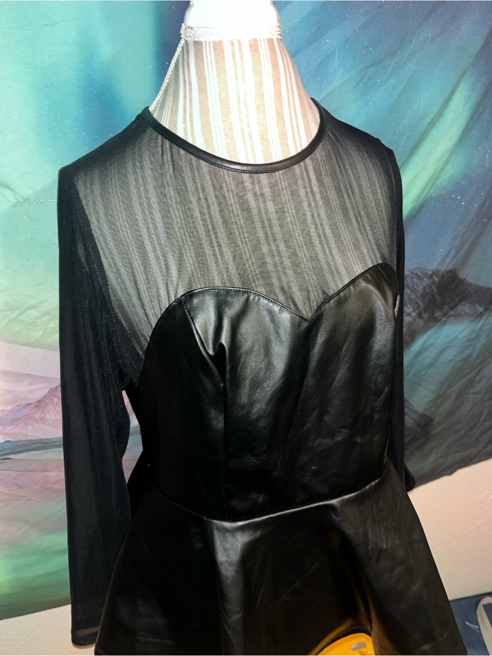 Black Faux Leather & Sheer Mesh Long Sleeve peplum top Never Worn size XL